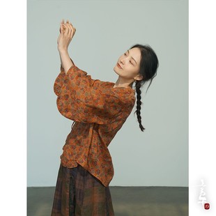 夏季 上衣 水袖 宽袖 言午葵原创宋制数码 防晒衬衫 印花苎麻开衫