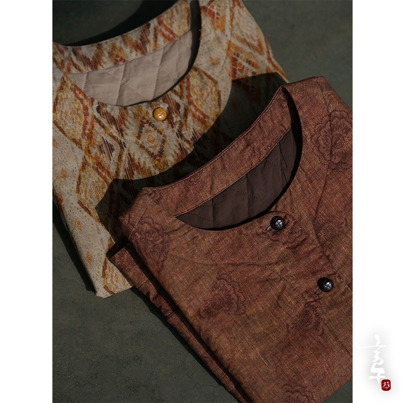 言午葵原创数码印花对襟夹棉马甲