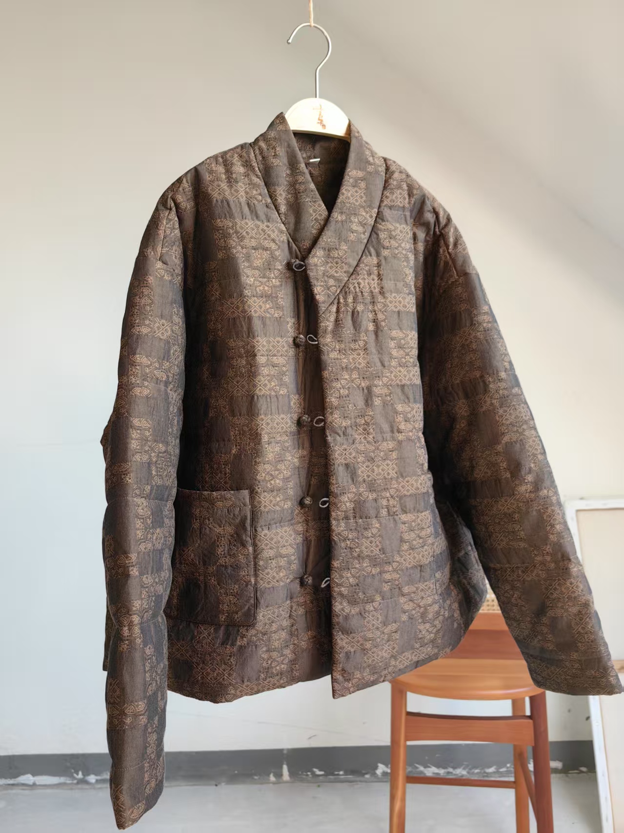 言午葵新中式国风高品质提花丝麻加厚中长棉衣外套棉服