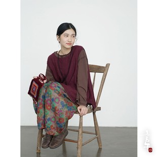 言午葵原创复古做旧加厚茧型夹棉裤 休闲宽松脏染团花薄棉直筒裤