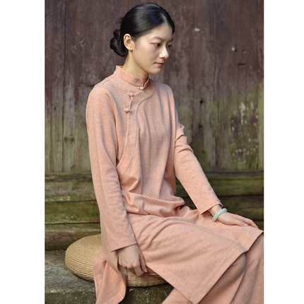 言午葵21秋冬民国风中式立领长袖盘扣通勤居家瑜伽茶道斜襟针织服