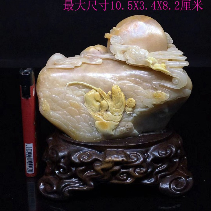 寿山昌化鸡血四川绿观赏石X701手工精品老巴林黄冻石雕小摆件独钓