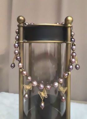 复古即时尚原创手作蝴蝶紫色炫彩珍珠项链