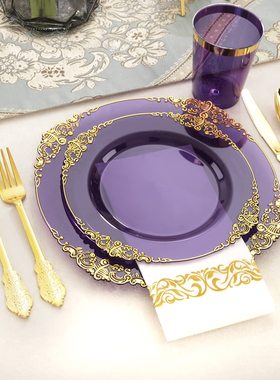 175件套7.5+10.25寸一次性PS硬塑料烫金透明紫色浮雕盘刀叉勺酒杯