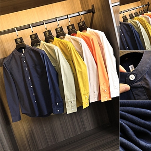 棉麻混纺/走商场订单!春季男士透气吸湿排汗复古亨利领长袖衬衫