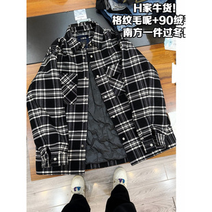 H家牛货！90绒子+格纹毛呢秋冬男士加厚保暖宽松翻领羽绒服外套