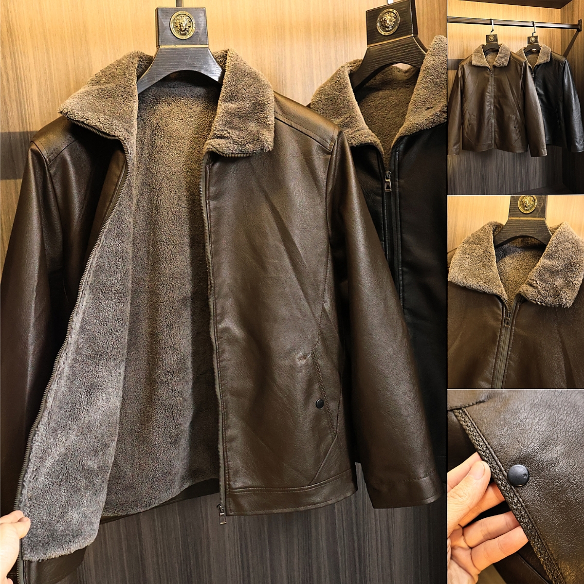 温润细腻皮质！一体软绒！秋冬男士纯色百搭翻领PU皮皮衣夹克外套