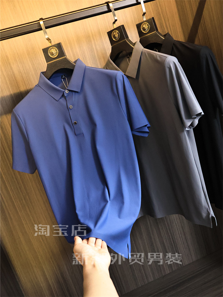 NEGATIVE ION 5A ANTIBACTERIAL NON-MARKING GLUE  SUMMER MENS SOLID COLOR HIGH-END BUSINESS LAPEL STRETCH SHORT SLEEVE POLO