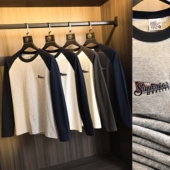 拼色系 百搭美式 秋季 万针字母刺绣 男士 纯色时尚 复古圆领长袖 T恤