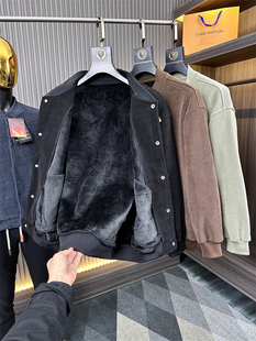 定织欧棉绒/琎口肌理感!秋冬男士纯色加厚银狐绒保暖棒球领夹克
