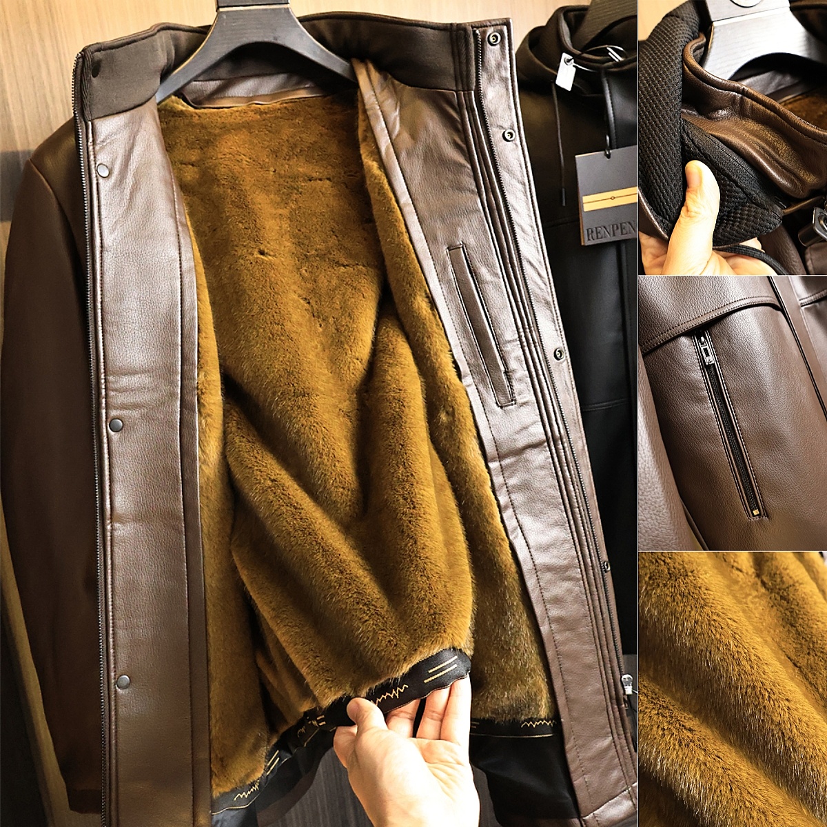 水洗PU皮+仿貂绒~中长款皮衣外套