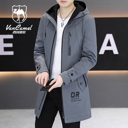 VANCAMEL西域骆驼春秋季风衣男士连帽中长款休闲潮流工装夹克外套