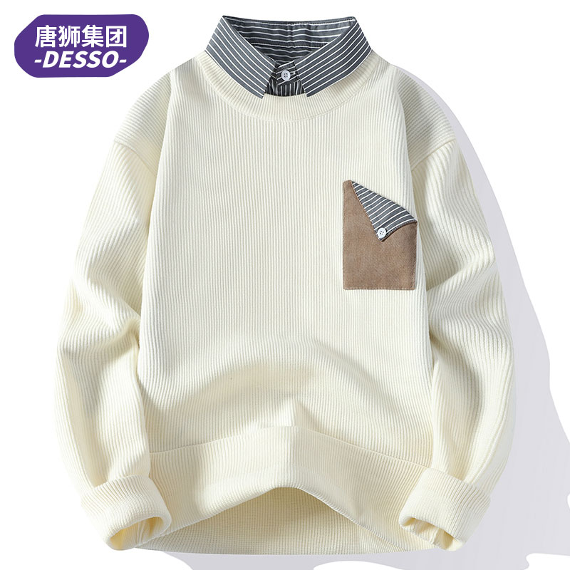 唐狮集团DESSO假两件毛衣男秋冬季加厚衬衫领针织衫休闲潮流外套