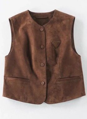 欧货 真皮皮衣新款真皮羊皮美拉德复古反绒马甲外套女背心马夹