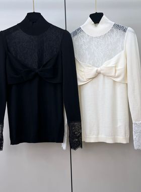 法式高级感高领薄毛衣性感纯欲辣妹风透视蕾丝蝴蝶结内搭上衣女士