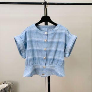 细闪工艺渐变蓝色条纹马甲女名媛小香风洋气夏季夏装圆领无袖外套