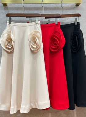 重工手工绣花立体大花朵中长半裙新年红色喜庆垂感腰大摆伞裙