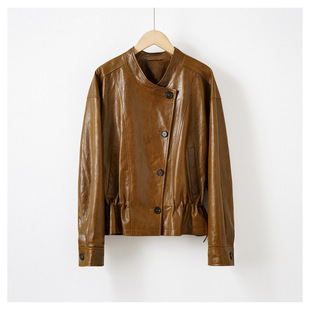真皮皮衣 冷翡翠重油蜡绵羊皮斜开襟V领韩系抽绳收腰外套