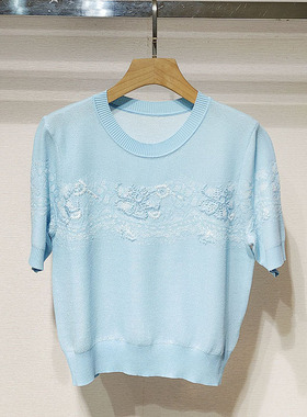 2025夏女装 浮雕绣花圆领显瘦套头短袖针织衫上衣