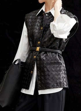 真皮马甲秋冬新款通勤风编织工艺设计感腰带显瘦绵羊皮