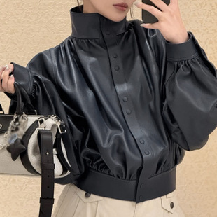 真皮皮衣秋季新款立领绵羊皮重工打褶收腰长袖宽松显瘦女皮外套