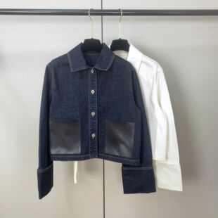 法式高街大号皮口袋短款牛仔外套女夏季新款拼接宽袖薄款夹克上衣