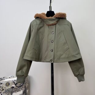 可拆卸羊羔毛帽领小短款棉服外套女连帽派克服棉衣斗篷式夹棉夹克