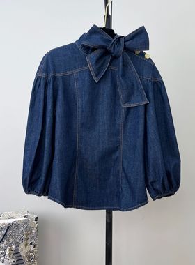 25新款欧美法式蓝色丹宁牛仔上衣女跨境七分灯笼袖蝴蝶结女式