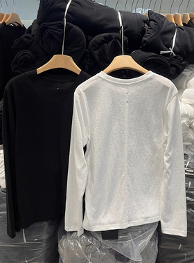 早春新！后背明线刺绣棉宽松打底衫白色T恤女简约宽松上衣ins