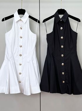 赫本风法式黑色a字挂脖连衣裙女夏季收腰显瘦气质小黑裙大摆裙子