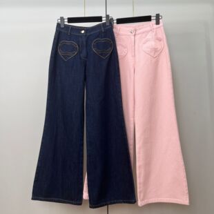 欧美风复古牛仔裤女装刺绣爱心拼条明线前口袋阔腿裤休闲喇叭长裤