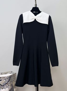 26早春新款黑白撞色肌理感蝴蝶结长袖连衣裙收腰垂感大摆针织衫裙