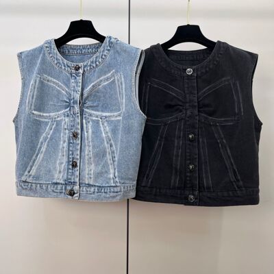 磨白蝴蝶结丹宁系列牛仔马甲女小香风25K新款背心夹克无袖外套潮