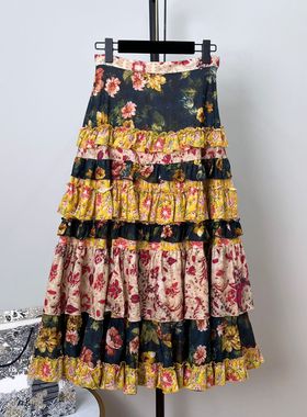超重工高腰蛋糕半裙花卉印花多层木耳花边长裙罗马假日复古