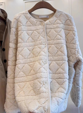 2025秋冬款高品质藤格纹绗缝圆领宽松长袖外套女开衫上衣