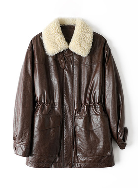 真皮皮衣复古油蜡羊皮 可脱卸羊羔毛领90鹅绒羽绒服夹克外套