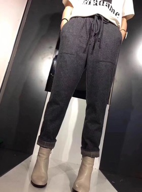 秋冬款哈伦裤女宽松显瘦松紧腰高腰加厚毛呢休闲裤子潮