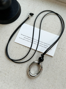 简约蜡绳圆环长项链椭圆镂空吊坠