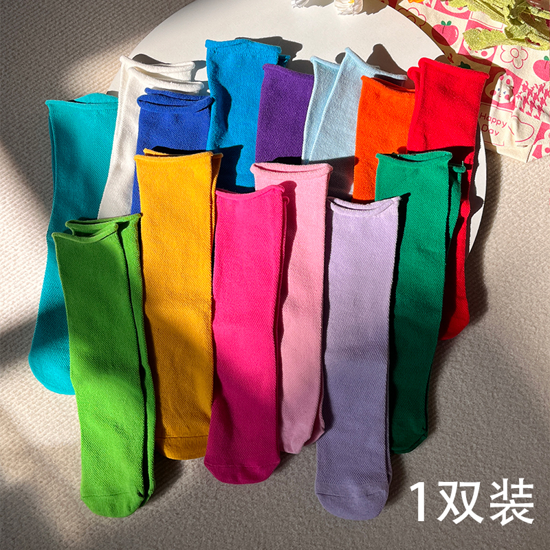 儿童袜子夏季薄款网眼长筒袜男女童棉高筒小腿纯色多巴胺夏天透气