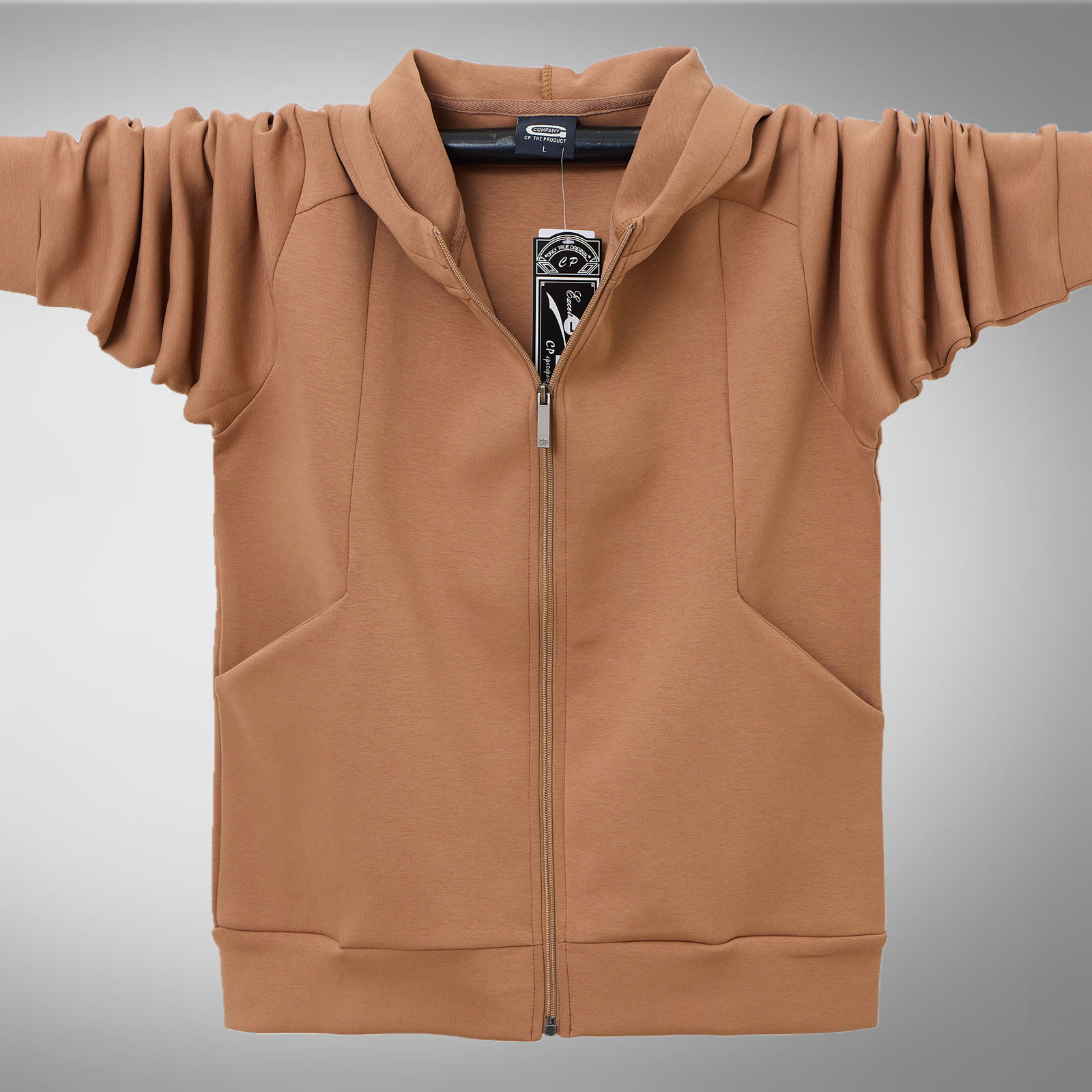 男士开衫连帽卫衣加肥大码重磅棉TC雪花空气层宽松黄棕色休闲外套