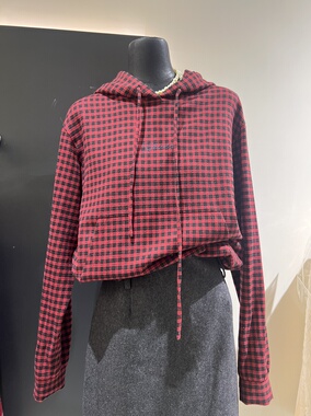 LILI深圳保暖圆领红蓝色格子连帽卫衣慵懒百搭实穿修身短款上衣