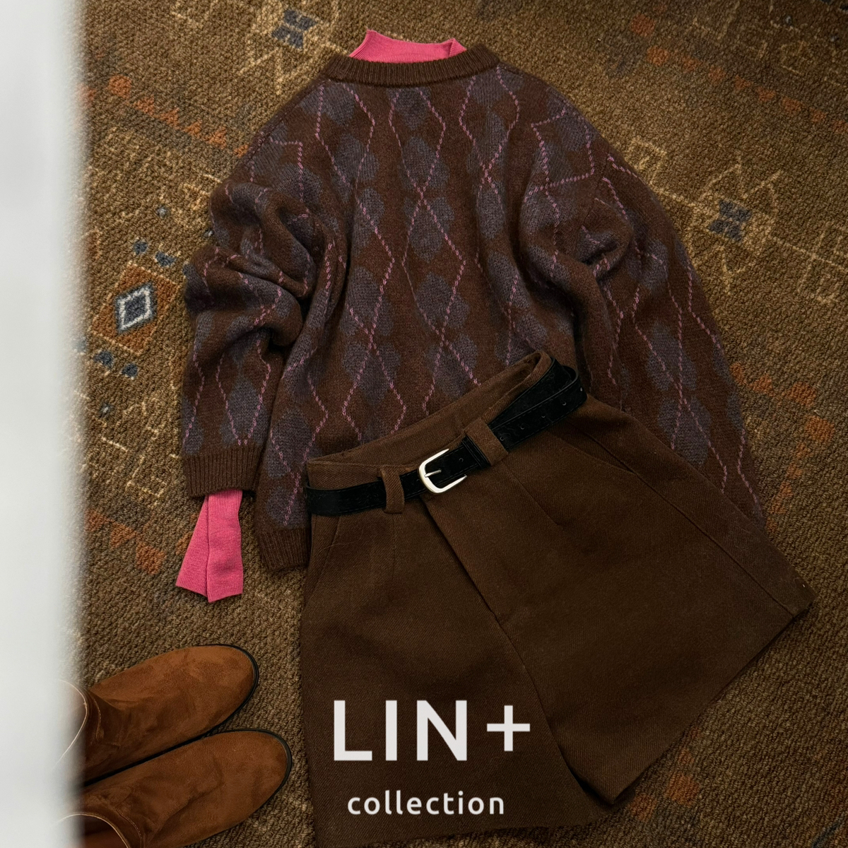 LILI杭州濮院牦牛绒撞色菱格慵懒复古英伦保暖毛衣紫色百搭上衣女