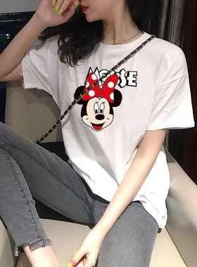 夏季新款纯棉白色短袖t恤女2025卡通米奇印花洋气宽松半袖女ins