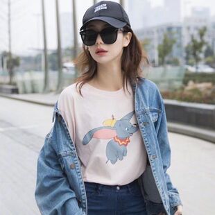 200g重磅纯棉小飞象印花t恤短袖女新款情侣夏装班服宽松ins上衣潮