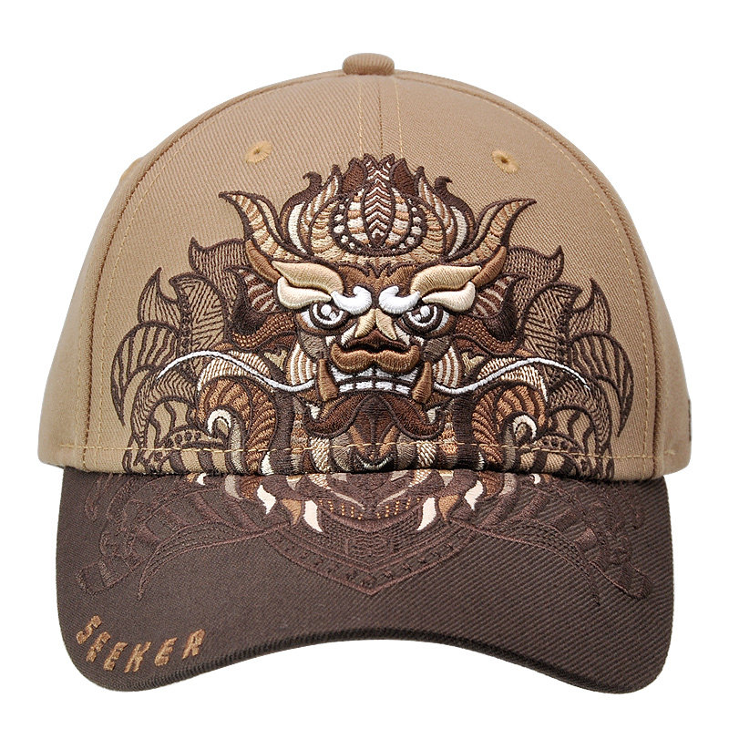 卡其色麒麟棒球帽子女秋冬百搭立体绣花中国风鸭舌帽男潮牌龙狮子