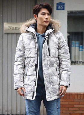 加厚中长款男士羽绒服ABLE JEANS男外套连帽毛领防寒保暖男羽绒衣