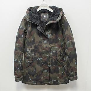 加厚冬装保暖女士中长款迷彩连帽棉服加厚仿羊羔绒棉衣潮流冬外套