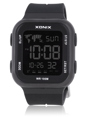 XONIX精准新款方形数字电子表男学生防水运动闹铃黑色小方块手表