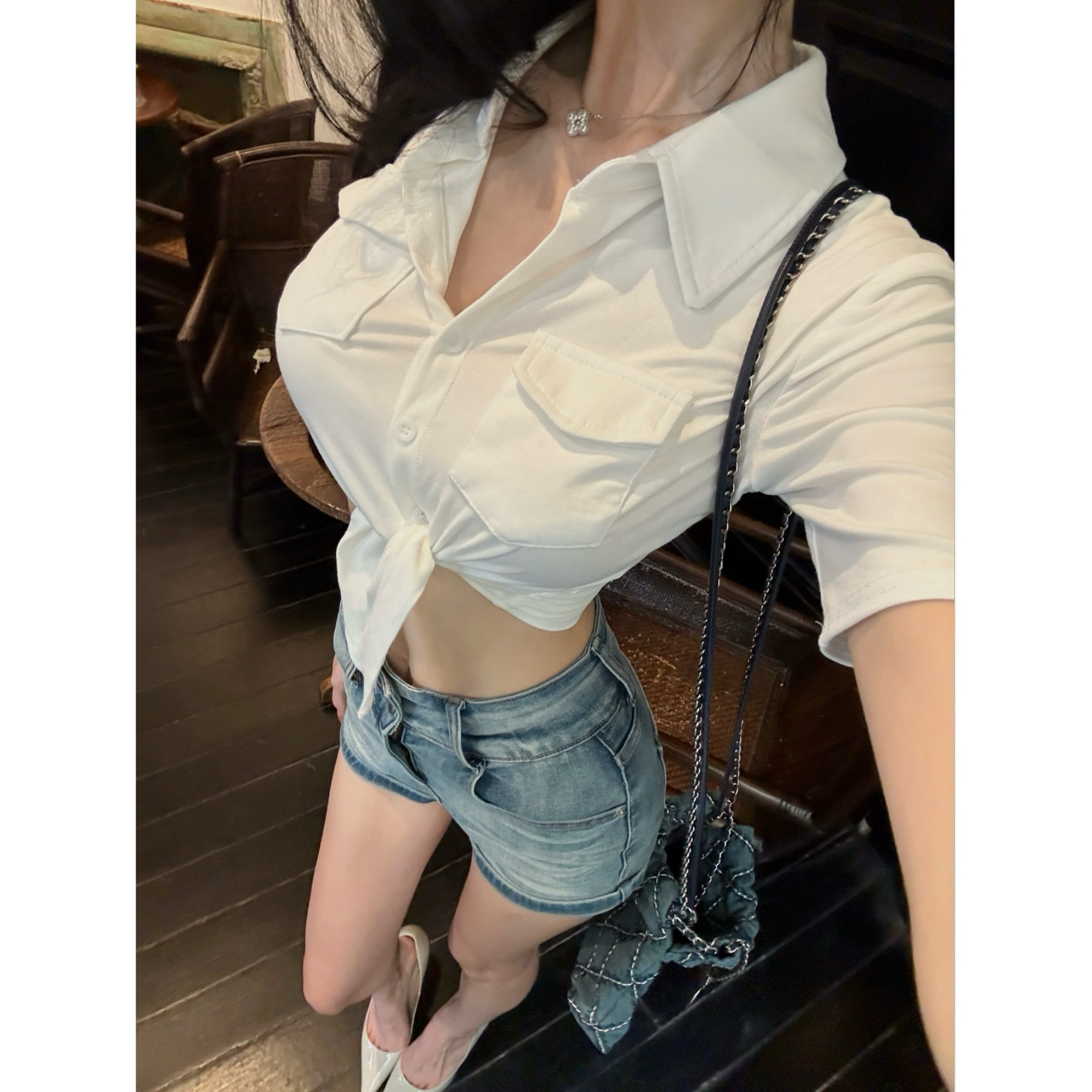 6/10 20:00严一安ian设计感翻领纽扣衬衫女修身收腰绑带长袖上衣