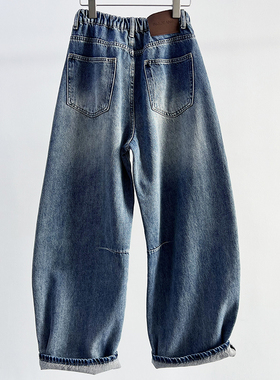 牛道途2025秋季新款蓝色牛仔女香蕉裤松紧腰弯刀裤宽松大版镰刀裤